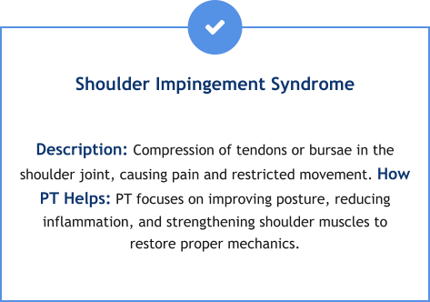 Shoulder Impingement Syndrome  Description: Compression of tendons or bursae in the shoulder joint, causing pain and restricted movement. How PT Helps: PT focuses on improving posture, reducing inflammation, and strengthening shoulder muscles to restore proper mechanics.
