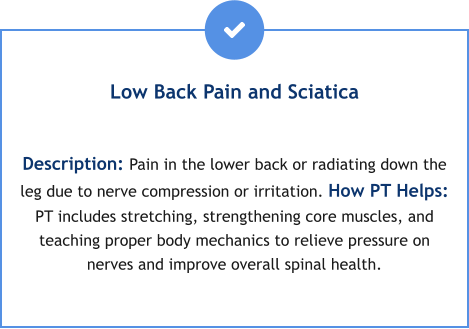 Low Back Pain and Sciatica  Description: Pain in the lower back or radiating down the leg due to nerve compression or irritation. How PT Helps: PT includes stretching, strengthening core muscles, and teaching proper body mechanics to relieve pressure on nerves and improve overall spinal health.