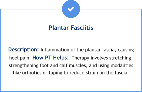 Plantar Fasciitis  Description: Inflammation of the plantar fascia, causing heel pain. How PT Helps:  Therapy involves stretching, strengthening foot and calf muscles, and using modalities like orthotics or taping to reduce strain on the fascia.