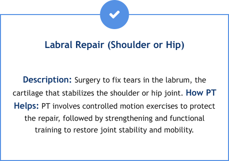 Labral Repair (Shoulder or Hip)  Description: Surgery to fix tears in the labrum, the cartilage that stabilizes the shoulder or hip joint. How PT Helps: PT involves controlled motion exercises to protect the repair, followed by strengthening and functional training to restore joint stability and mobility.