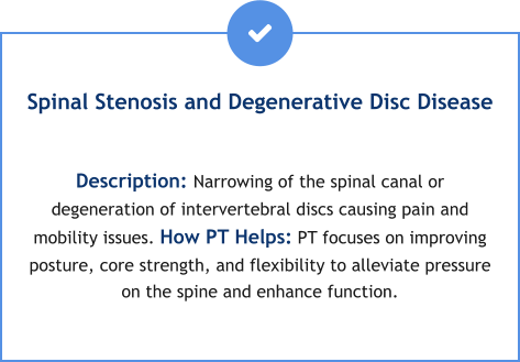 Spinal Stenosis and Degenerative Disc Disease  Description: Narrowing of the spinal canal or degeneration of intervertebral discs causing pain and mobility issues. How PT Helps: PT focuses on improving posture, core strength, and flexibility to alleviate pressure on the spine and enhance function.