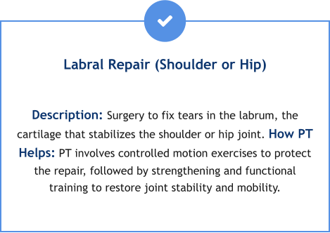 Labral Repair (Shoulder or Hip)  Description: Surgery to fix tears in the labrum, the cartilage that stabilizes the shoulder or hip joint. How PT Helps: PT involves controlled motion exercises to protect the repair, followed by strengthening and functional training to restore joint stability and mobility.