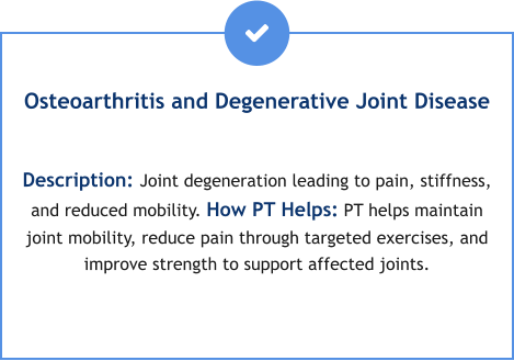 Osteoarthritis and Degenerative Joint Disease  Description: Joint degeneration leading to pain, stiffness, and reduced mobility. How PT Helps: PT helps maintain joint mobility, reduce pain through targeted exercises, and improve strength to support affected joints.