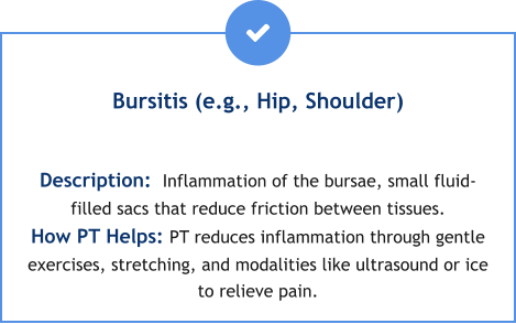 Bursitis (e.g., Hip, Shoulder)  Description:  Inflammation of the bursae, small fluid-filled sacs that reduce friction between tissues. How PT Helps: PT reduces inflammation through gentle exercises, stretching, and modalities like ultrasound or ice to relieve pain.